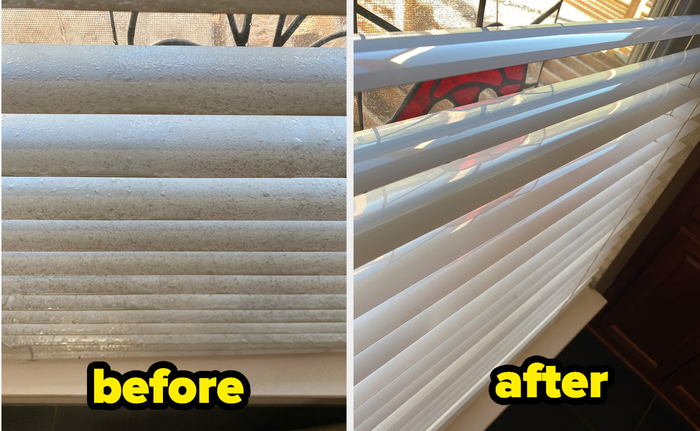 A customer's review photo of their blinds before cleaning, labeled.