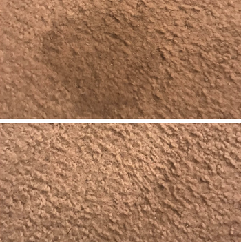 Before-and-after image of a reviewer’s rug showing a stain removed using the stain remover pads
