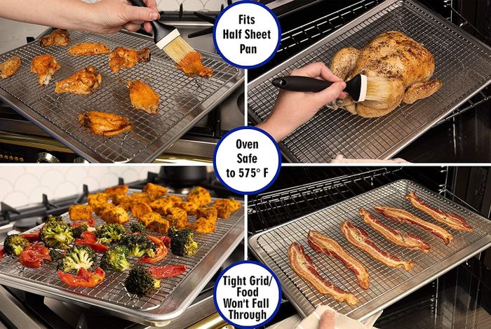 The cooling racks are perfect for tasks like basting chicken, crisping bacon, and roasting vegetables with ease.