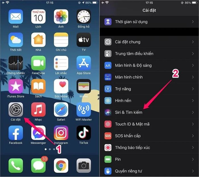 Truy cập vào phần cài đặt và chọn Siri & Tìm kiếm