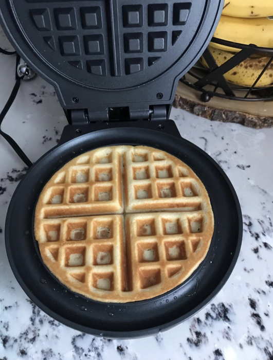 A photo of a reviewer's waffle creation using the waffle maker.