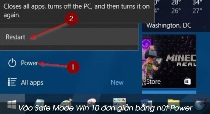 Vào chế độ Safe Mode trên Windows 10 qua nút Power