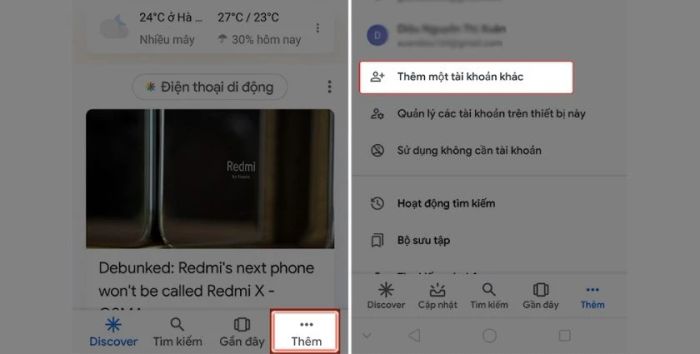 thêm một tài khoản Google mới hoặc tạo tài khoản Google mới.