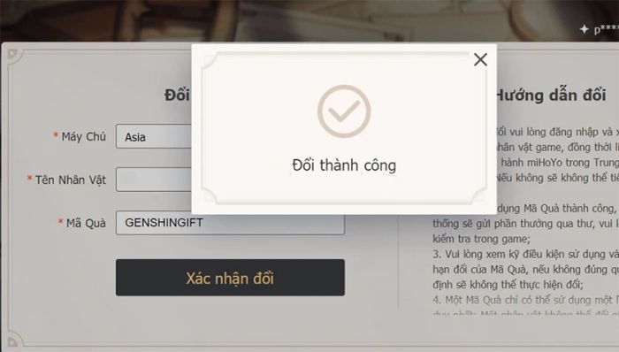 Nhấn vào Xác nhận để đổi quà (Genshin redeem code) và nhận quà tặng của bạn.