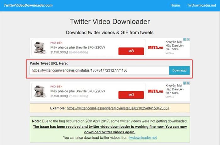 Dán URL video vào ô Paste Tweet URL