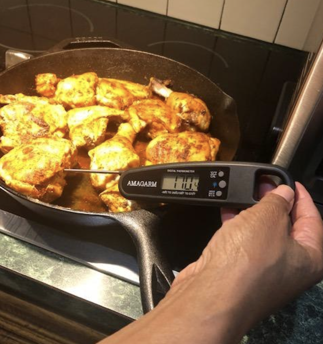 A reviewer using the thermometer to check the temperature of chicken in a skillet