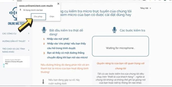 Nhấn vào để cấp quyền truy cập microphone