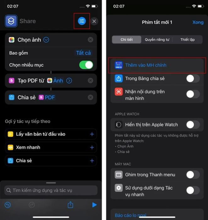 Chuyển ảnh thành PDF và chọn 'Thêm phím tắt vào màn hình chính'.