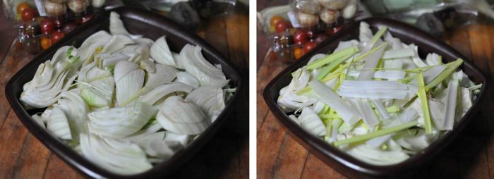Arrange the fennel and leeks in a baking dish to prepare for the gratin