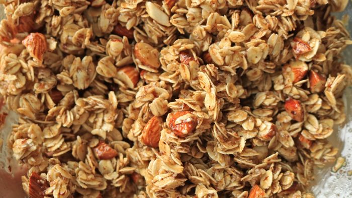 A close-up view of granola and nuts.