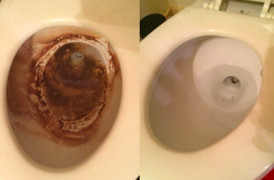 A filthy toilet followed by the same toilet after it has been thoroughly cleaned.