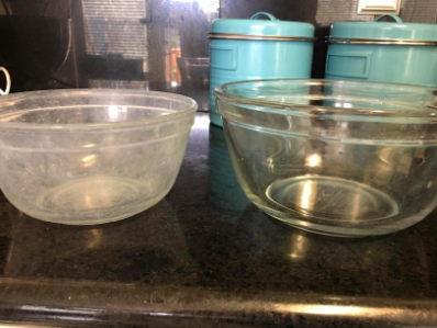 a photo showing a cloudy Pyrex bowl followed by the same bowl looking completely clean and clear
