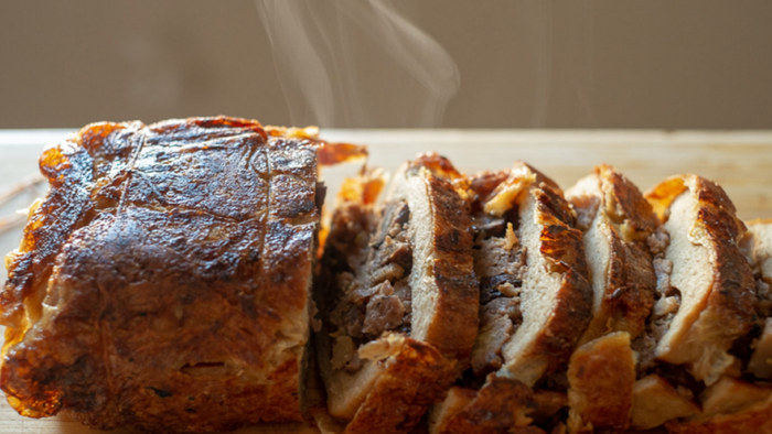A plated slice of vegan roast.