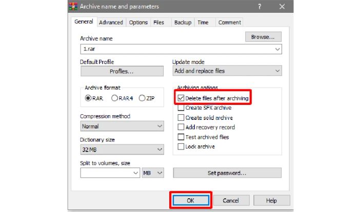 Đánh dấu chọn Delete files after archiving, sau đó nhấn OK.
