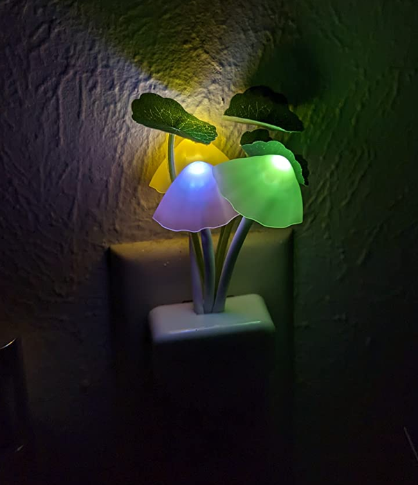 A reviewer's mushroom night-light glowing in the dark.