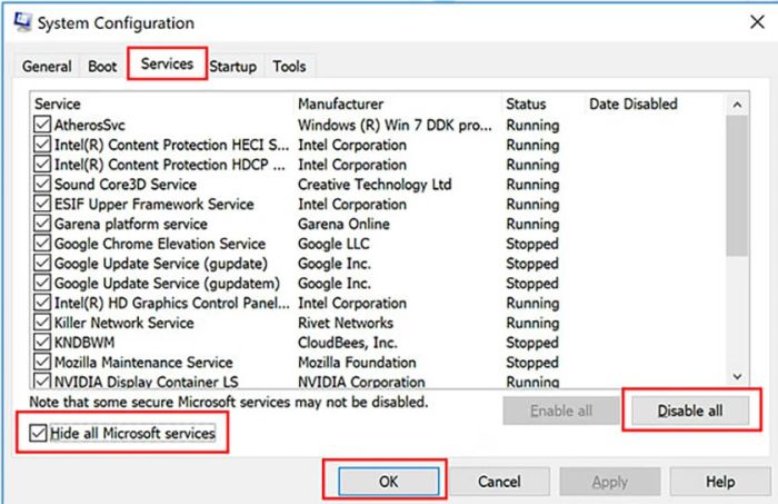 Tiếp tục di chuyển đến thẻ Service, đánh dấu vào mục 'Hide all Microsoft services' và chọn 'Disable All'.