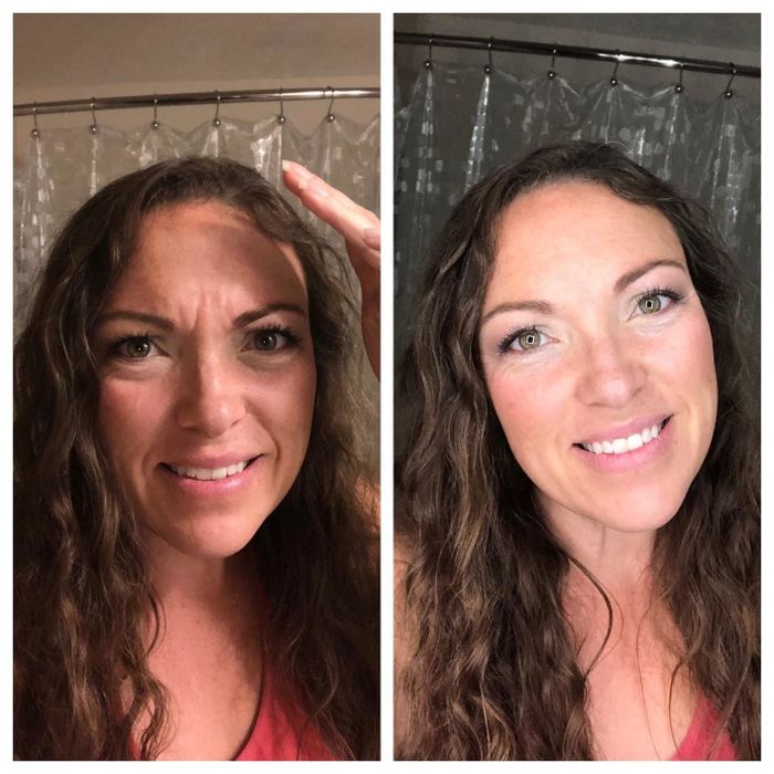 A reviewer's before-and-after comparison showing their face without lighting versus the same face brightly illuminated by the vanity mirror's LED lights.