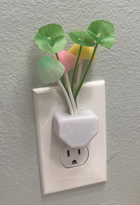 A reviewer's mushroom night-light plugged into an outlet.