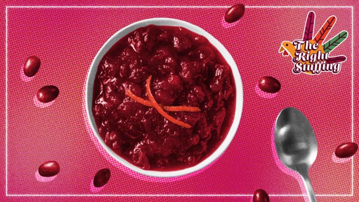 A dish of cranberry sauce.
