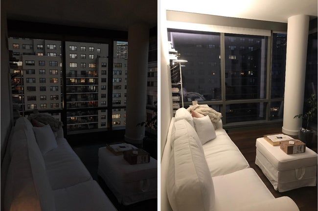 A before-and-after comparison shared by a reviewer, showing their living room: on the left, the space is dim with the lamp off, and on the right, it is brightly lit with the lamp at full power.
