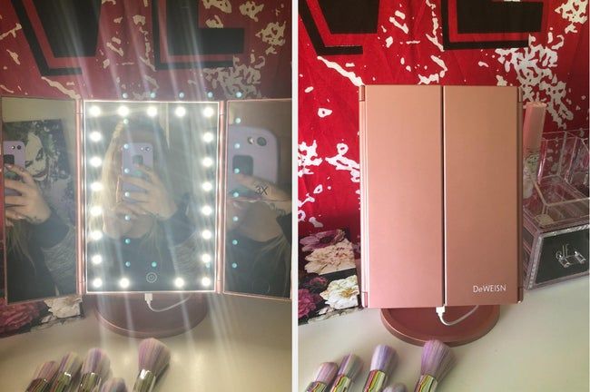 A reviewer's pink-colored vanity mirror.