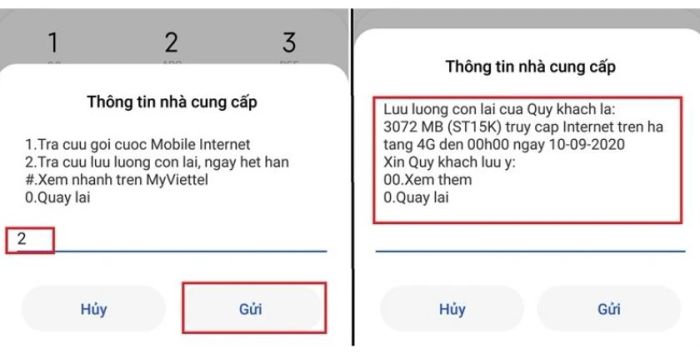 Nhấn số 2 > Chọn Gửi để kiểm tra dung lượng data còn lại