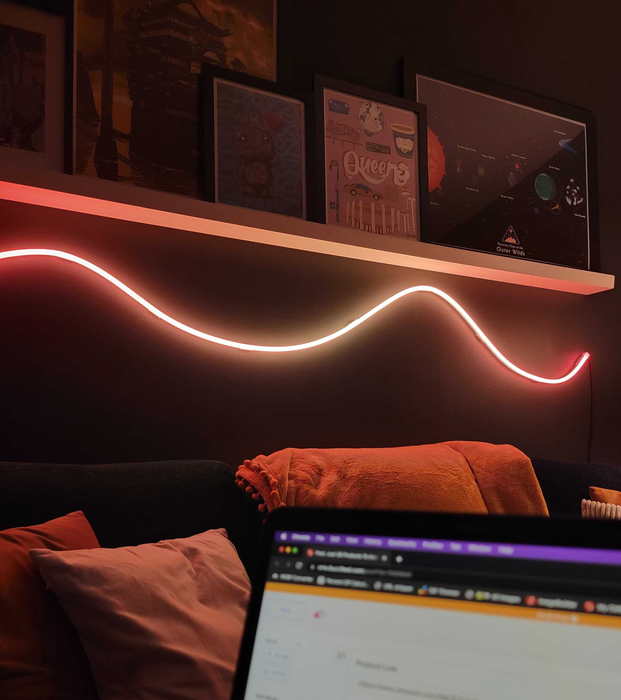 The neon rope light mounted on a wall under a shelf.