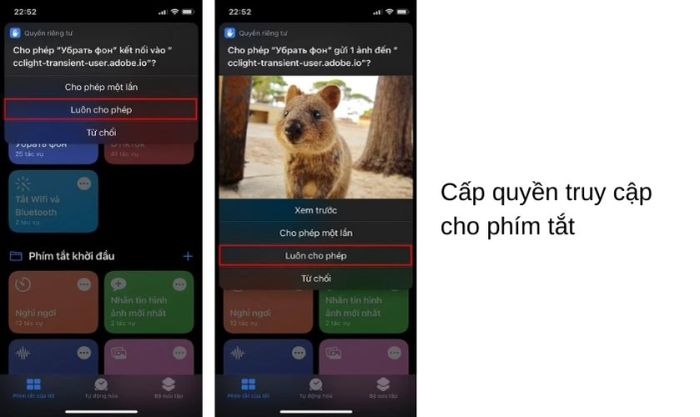 Cấp quyền cho phím tắt để có thể xóa nền ảnh trên điện thoại một cách dễ dàng.