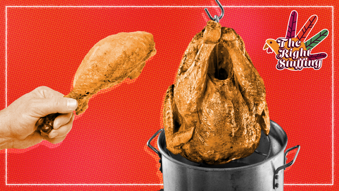 depiction of a turkey undergoing deep frying