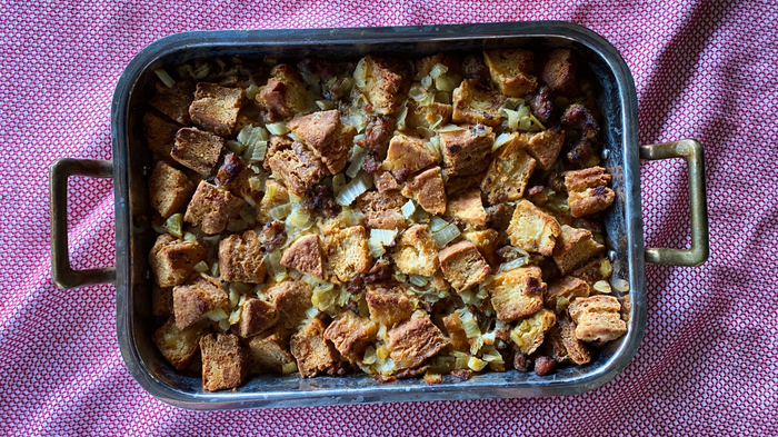 A roasting pan brimming with stuffing.