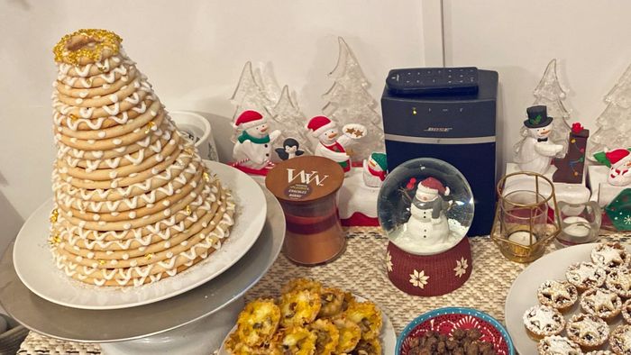 A kransekake displayed on a dessert table