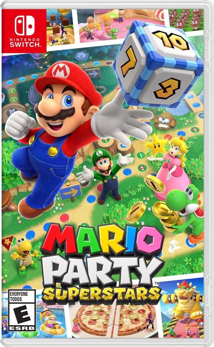 The game cover showing Mario tossing a die into the air, with various Nintendo characters in the background