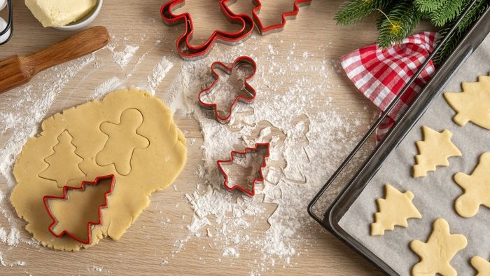 Sugar cookie dough spread out on a floured surface, accompanied by cookie cutters.