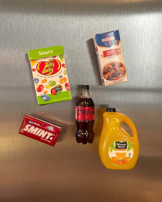Five mini brands displayed on the fridge.