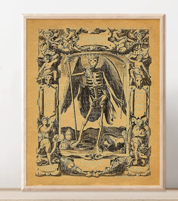 A framed artwork of a skeletal figure, rich in intricate details, possibly designed for home decoration.