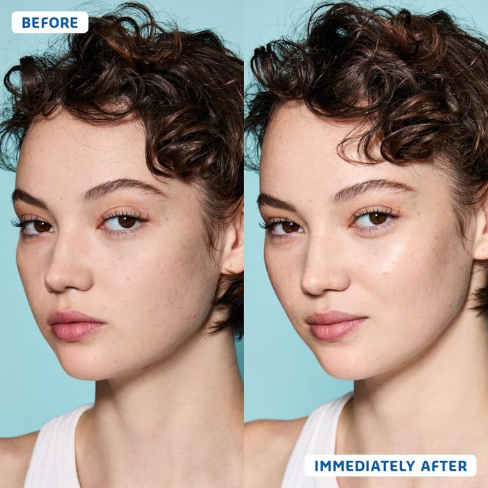 Before and after images of a model showing dry skin transformed into shiny, hydrated skin.