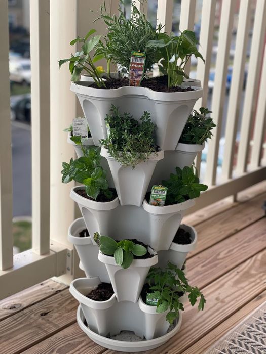 A vertical garden planter filled with various herbs on a balcony, perfect for small spaces and promoting green living options