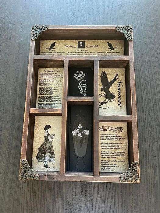 A shadow box featuring Edgar Allan Poe-themed artwork and verses, designed for fans of literature.