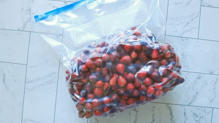 A translucent freezer bag filled halfway with cranberries.