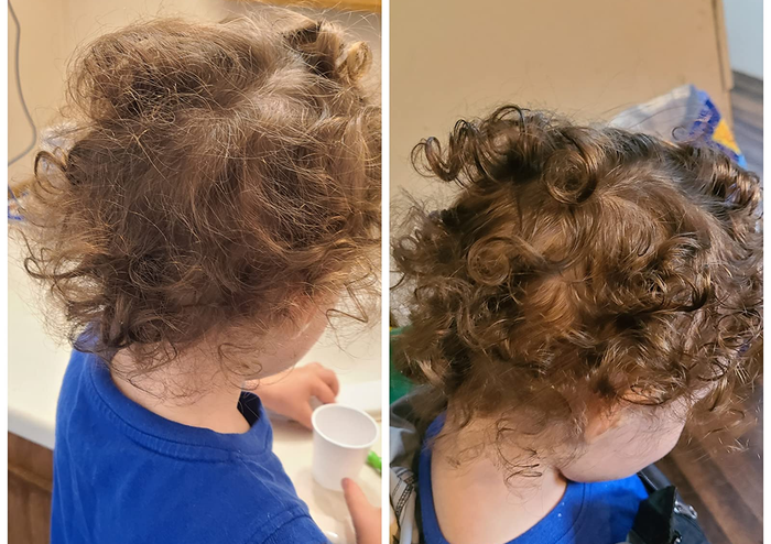 A reviewer's before-and-after photos showcasing their child's curly hair before applying the spray, followed by the shiny, bouncy curls after use.
