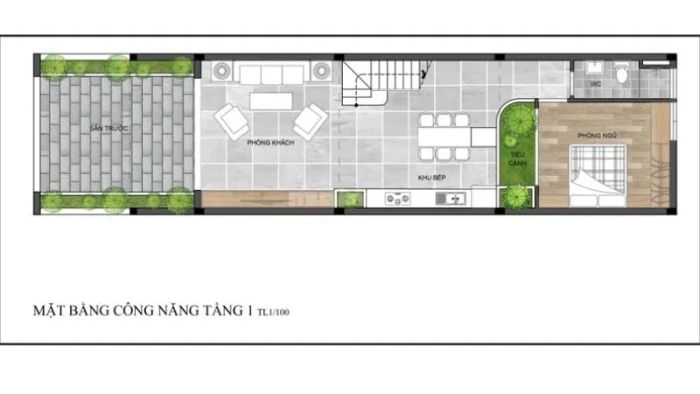 Bản thiết kế mặt bằng tầng 1 cho mẫu nhà ống 3 tầng 4x12m.