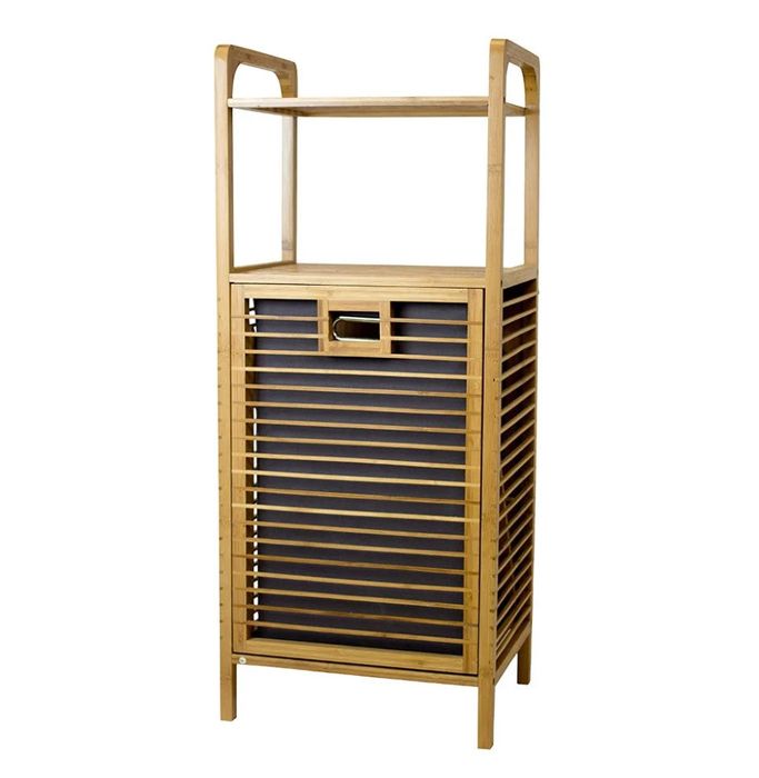 Wooden laundry hamper with a removable lid and an upper shelf for extra storage.