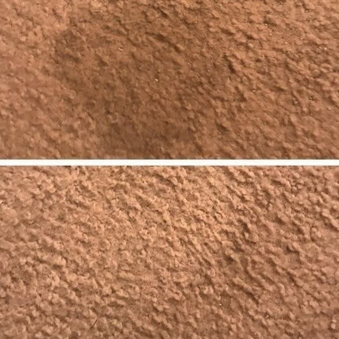 A reviewer's before-and-after photo showing a carpet stain, followed by a clean carpet after the stain was lifted.