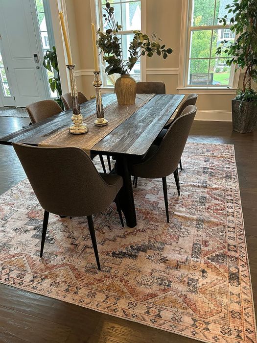 A wooden dining table paired with modern chairs on a decorative rug, set in a room with potted plants. Perfect for home decor inspiration