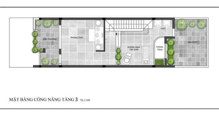 Bản thiết kế mặt bằng tầng 3 cho nhà ống 3 tầng.