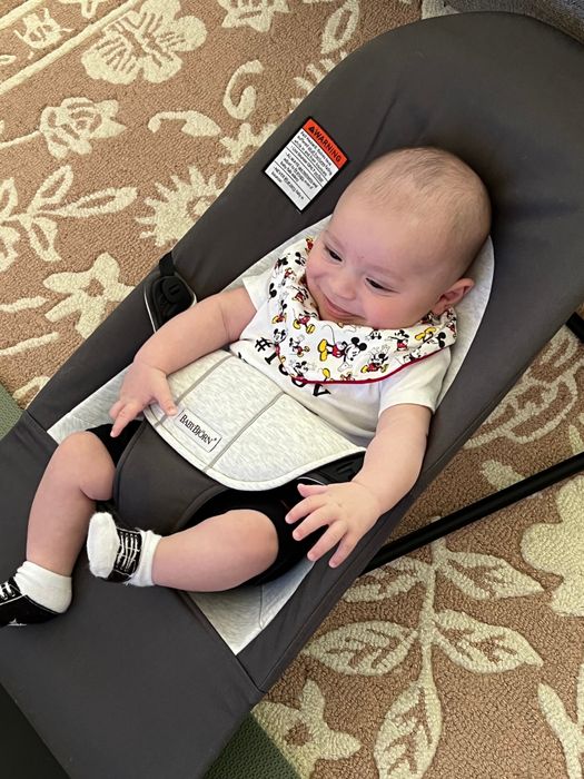 A baby in a dark grey bouncer.