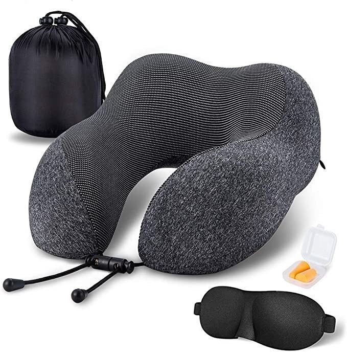 Travel pillow, pouch, earbuds, and eye mask