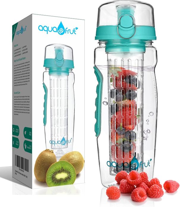 A refreshing aqua fruit-infusing water bottle