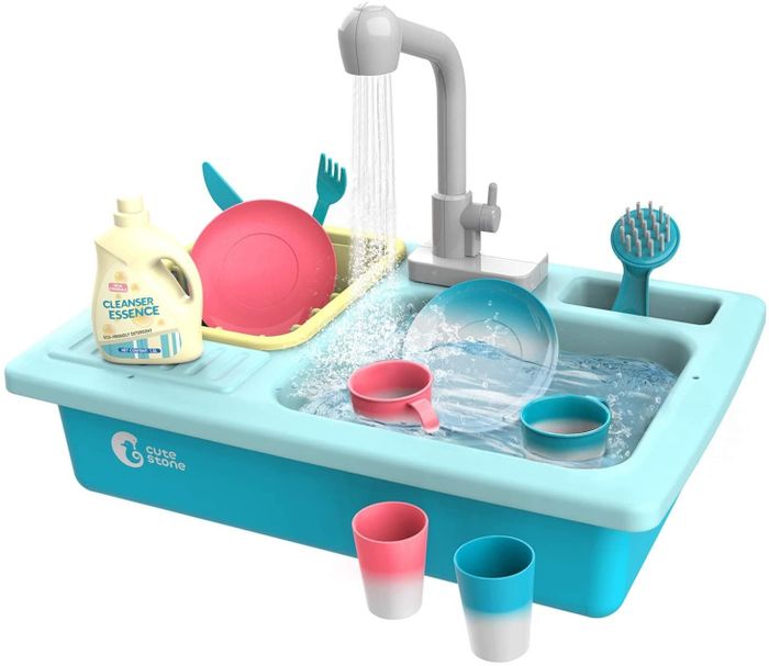 The blue toy sink featuring a working faucet, running water, and color-changing accessories
