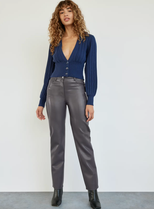 model showcasing the grey cropped faux leather pants